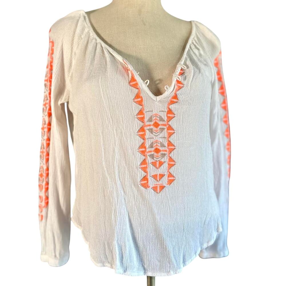 Womens Top Size Small White Orange Hippy Western Boho Cottage Flowy Cowgirl Work